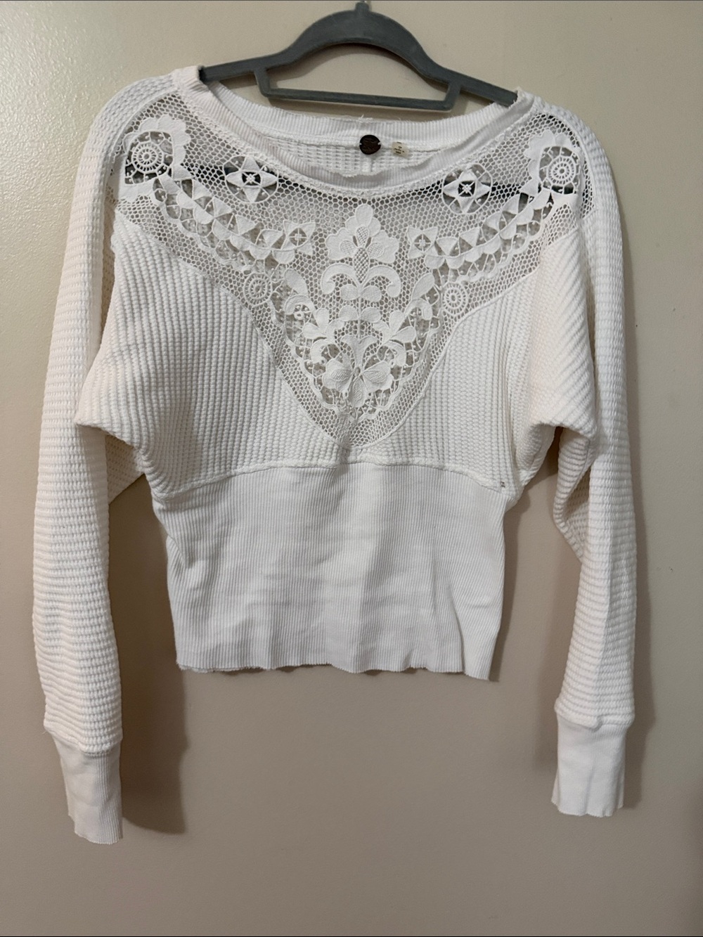 Free People White Lace Yoke Knit Sweatshirt